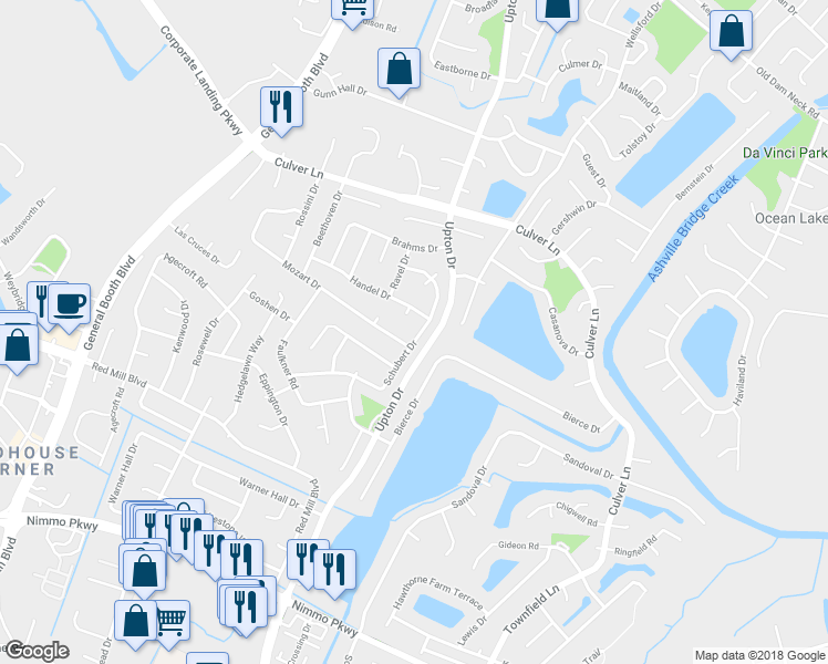 map of restaurants, bars, coffee shops, grocery stores, and more near 2057 Schubert Drive in Virginia Beach