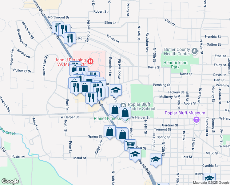 map of restaurants, bars, coffee shops, grocery stores, and more near 1300 Victory Lane in Poplar Bluff