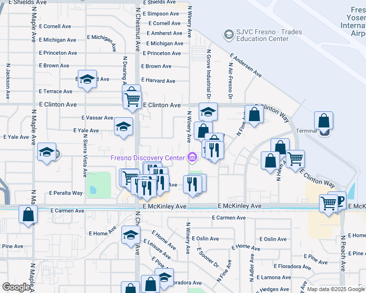 map of restaurants, bars, coffee shops, grocery stores, and more near 2042 North Laureen Avenue in Fresno