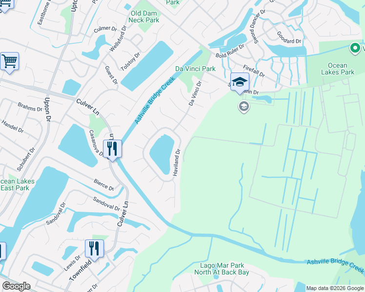 map of restaurants, bars, coffee shops, grocery stores, and more near 1832 Haviland Drive in Virginia Beach