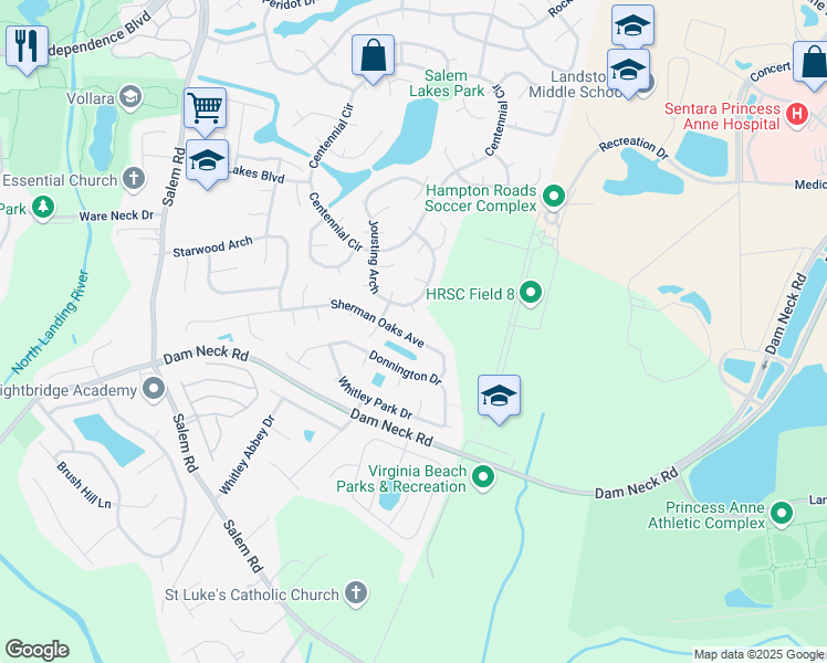 map of restaurants, bars, coffee shops, grocery stores, and more near 2008 Jessamine Court in Virginia Beach