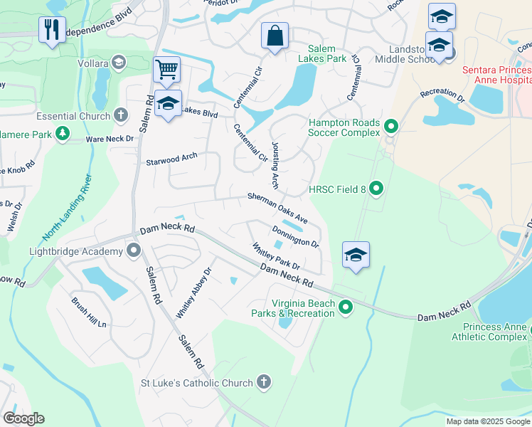 map of restaurants, bars, coffee shops, grocery stores, and more near 2109 Seabury Circle in Virginia Beach