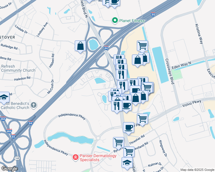 map of restaurants, bars, coffee shops, grocery stores, and more near 104 Gateway Court in Chesapeake