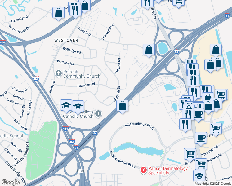 map of restaurants, bars, coffee shops, grocery stores, and more near 1203 Haledon Road in Chesapeake