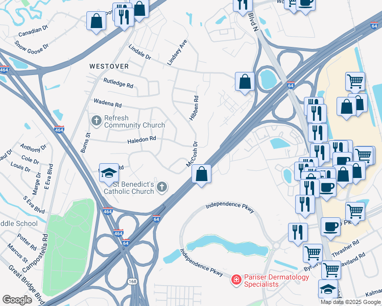 map of restaurants, bars, coffee shops, grocery stores, and more near 1203 Haledon Road in Chesapeake