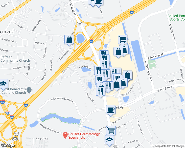 map of restaurants, bars, coffee shops, grocery stores, and more near 104 Gateway Court in Chesapeake