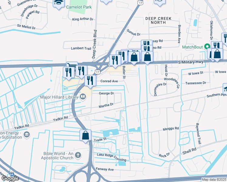 map of restaurants, bars, coffee shops, grocery stores, and more near 2716 George Drive in Chesapeake