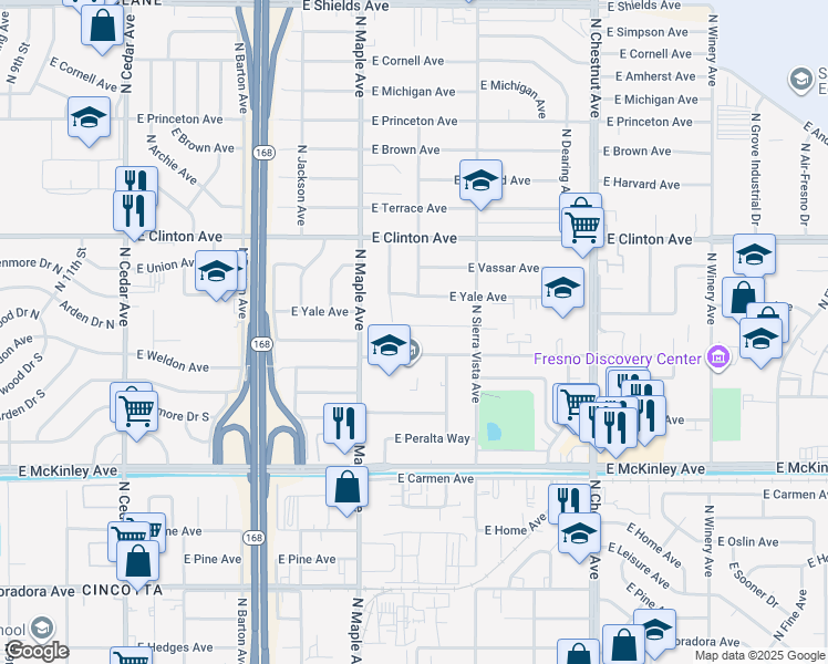 map of restaurants, bars, coffee shops, grocery stores, and more near 4646 East Cambridge Avenue in Fresno