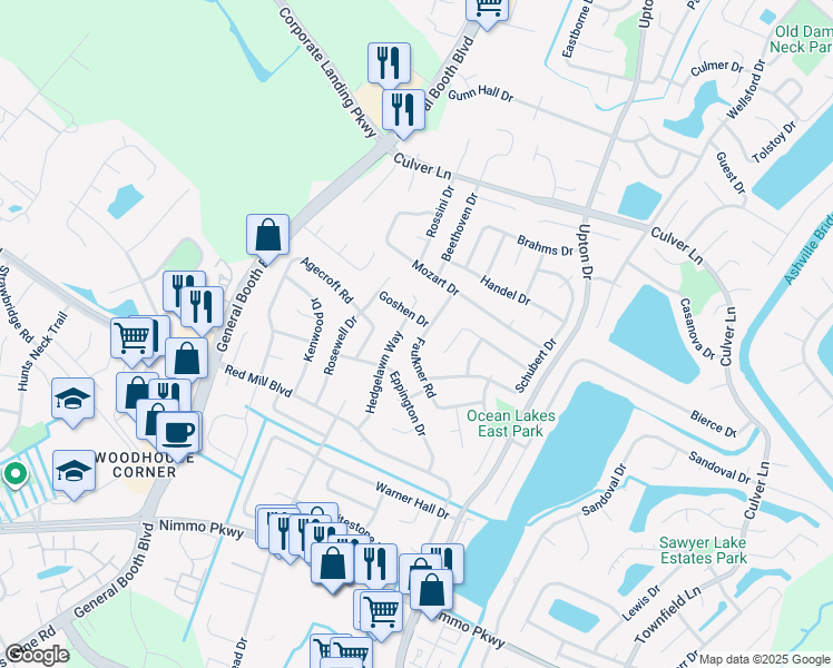 map of restaurants, bars, coffee shops, grocery stores, and more near 1269 Faulkner Road in Virginia Beach