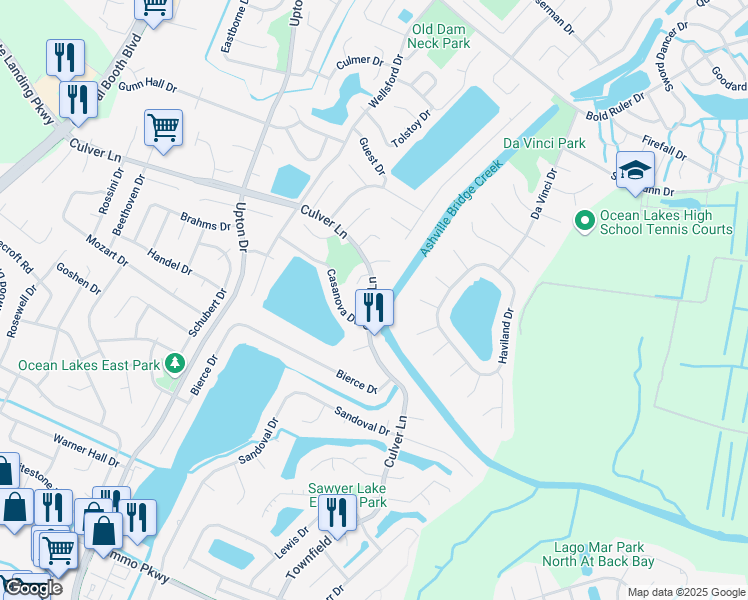 map of restaurants, bars, coffee shops, grocery stores, and more near 1008 Culver Lane in Virginia Beach