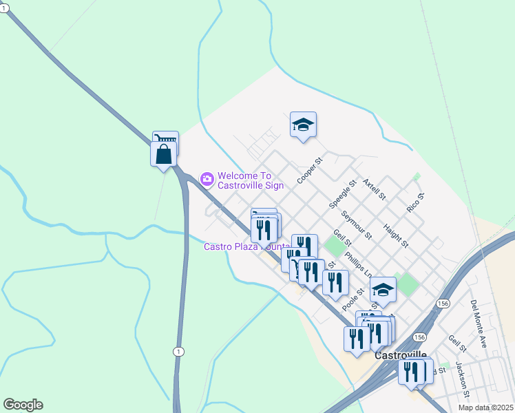 map of restaurants, bars, coffee shops, grocery stores, and more near 11120 Mead Street in Castroville
