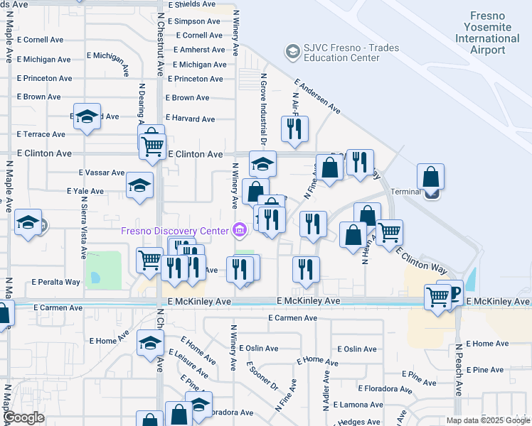 map of restaurants, bars, coffee shops, grocery stores, and more near 4926 East Yale Avenue in Fresno
