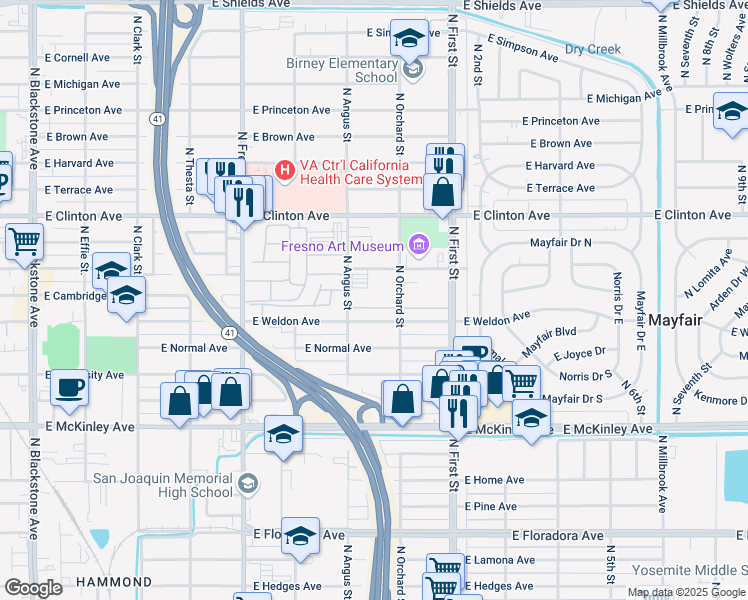 map of restaurants, bars, coffee shops, grocery stores, and more near 2028 North Angus Street in Fresno