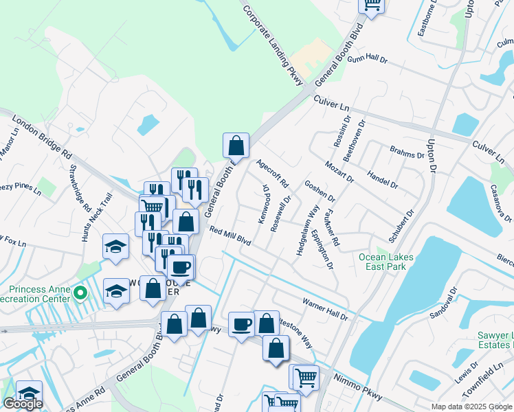map of restaurants, bars, coffee shops, grocery stores, and more near 1188 Toddsbury Lane in Virginia Beach
