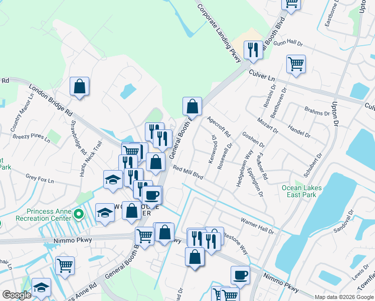 map of restaurants, bars, coffee shops, grocery stores, and more near 2177 Agecroft Road in Virginia Beach