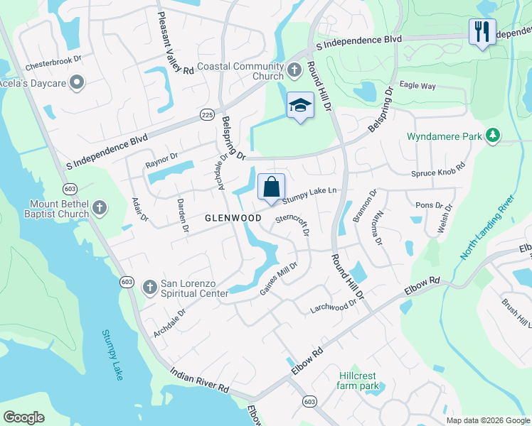map of restaurants, bars, coffee shops, grocery stores, and more near 3829 Stumpy Lake Lane in Virginia Beach