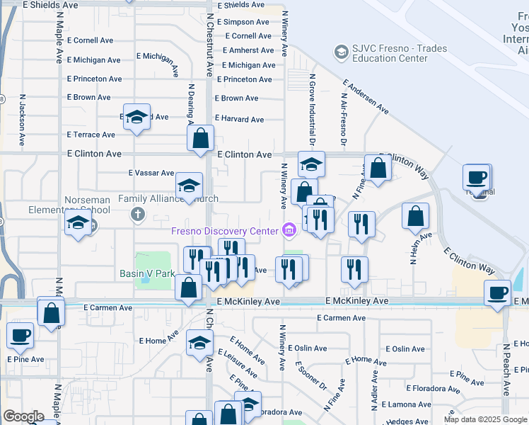 map of restaurants, bars, coffee shops, grocery stores, and more near 2042 North Laureen Avenue in Fresno