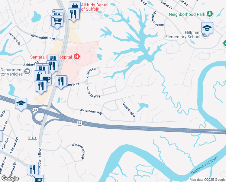 map of restaurants, bars, coffee shops, grocery stores, and more near 235 Burnetts Way in Suffolk