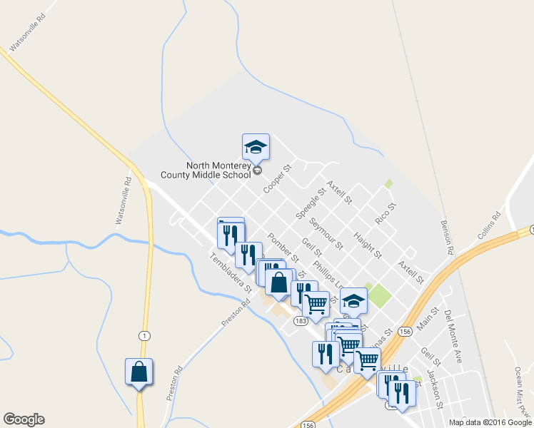 map of restaurants, bars, coffee shops, grocery stores, and more near 10480 Geil Street in Castroville
