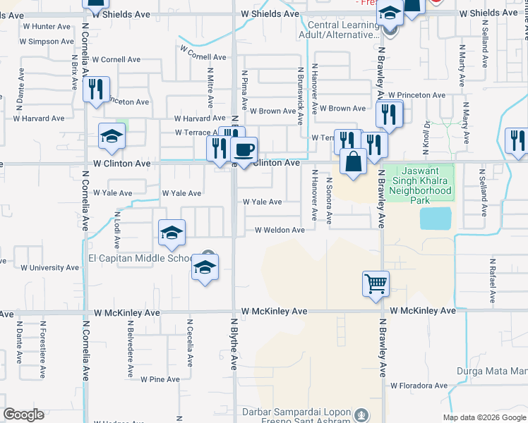 map of restaurants, bars, coffee shops, grocery stores, and more near 4322 West Cambridge Avenue in Fresno