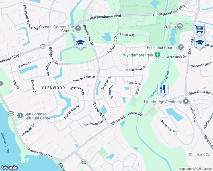 map of restaurants, bars, coffee shops, grocery stores, and more near 3601 Brannon Drive in Virginia Beach