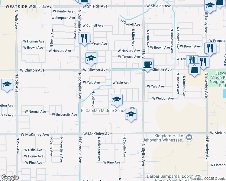 map of restaurants, bars, coffee shops, grocery stores, and more near 2271 North Milburn Avenue in Fresno