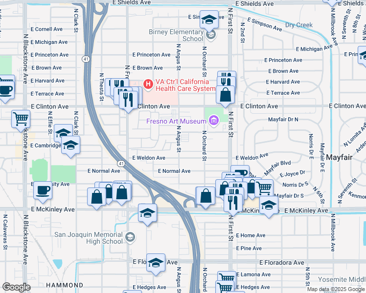 map of restaurants, bars, coffee shops, grocery stores, and more near 2028 North Angus Street in Fresno