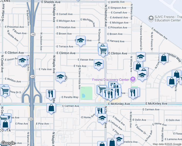 map of restaurants, bars, coffee shops, grocery stores, and more near 4735 East Weldon Avenue in Fresno