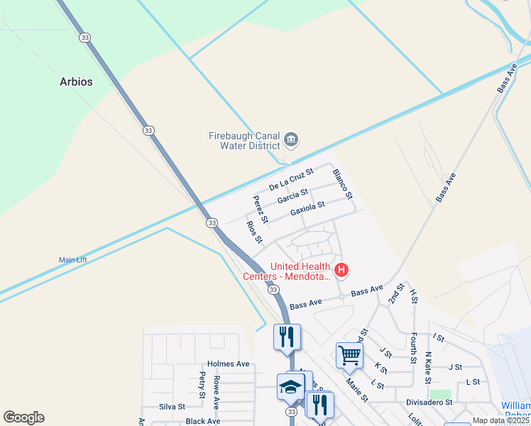 map of restaurants, bars, coffee shops, grocery stores, and more near 648 Garcia Street in Mendota