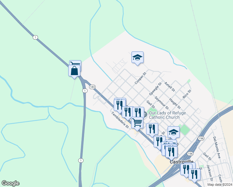 map of restaurants, bars, coffee shops, grocery stores, and more near 11120 Mead Street in Castroville