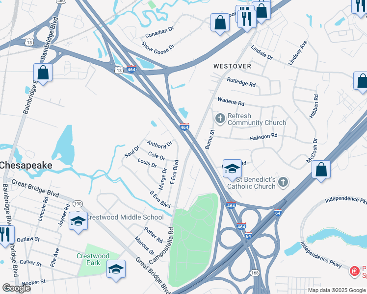 map of restaurants, bars, coffee shops, grocery stores, and more near 1315 East Eva Boulevard in Chesapeake