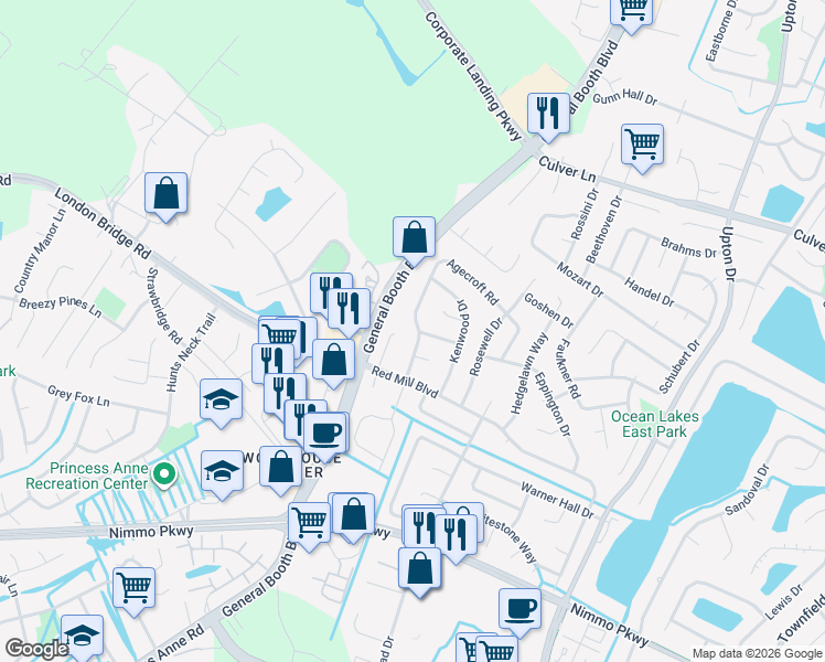 map of restaurants, bars, coffee shops, grocery stores, and more near 2177 Agecroft Road in Virginia Beach