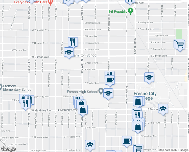 map of restaurants, bars, coffee shops, grocery stores, and more near 443 East Cambridge Avenue in Fresno