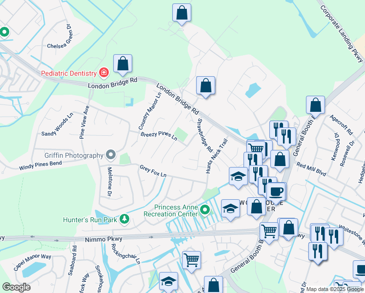 map of restaurants, bars, coffee shops, grocery stores, and more near 2369 Breezy Pines Lane in Virginia Beach