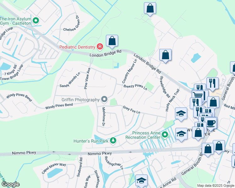 map of restaurants, bars, coffee shops, grocery stores, and more near 2292 Windy Pines Bend in Virginia Beach