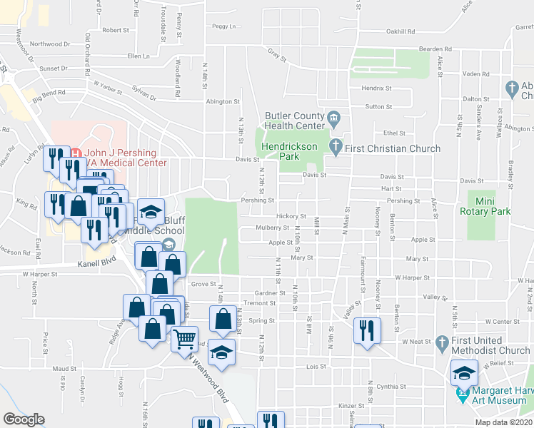 map of restaurants, bars, coffee shops, grocery stores, and more near 1107 Hickory Street in Poplar Bluff