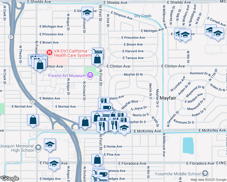 map of restaurants, bars, coffee shops, grocery stores, and more near 2043 Norris Drive East in Fresno