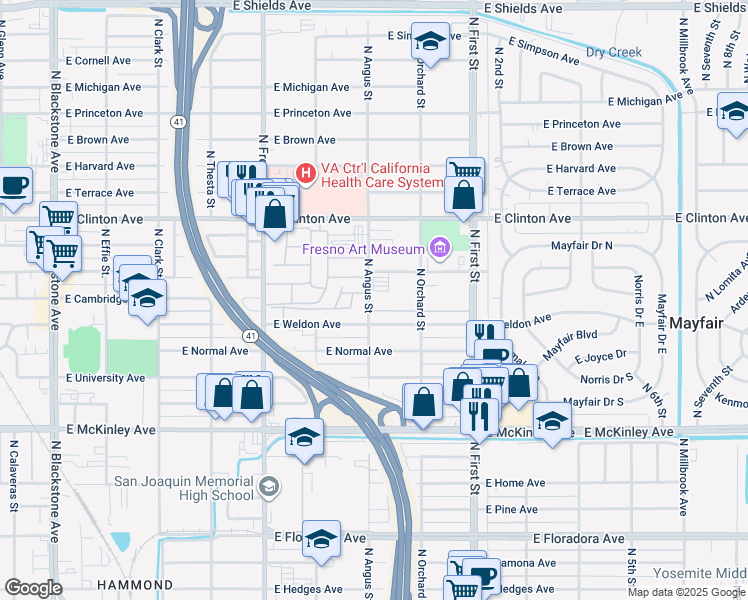 map of restaurants, bars, coffee shops, grocery stores, and more near 2028 North Angus Street in Fresno