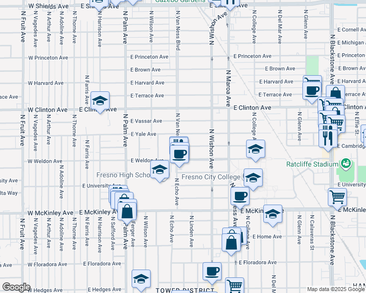 map of restaurants, bars, coffee shops, grocery stores, and more near 616 East Cambridge Avenue in Fresno