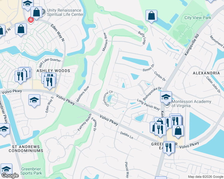 map of restaurants, bars, coffee shops, grocery stores, and more near 1403 Otterbourne Court in Chesapeake