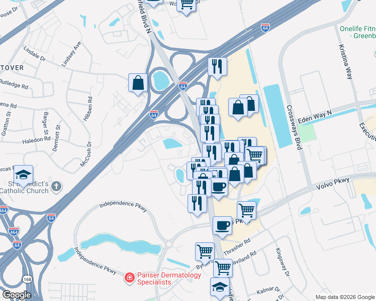 map of restaurants, bars, coffee shops, grocery stores, and more near 104 Gateway Court in Chesapeake