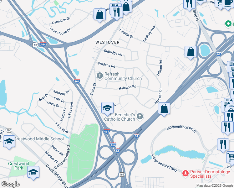 map of restaurants, bars, coffee shops, grocery stores, and more near 820 Contrell Court in Chesapeake