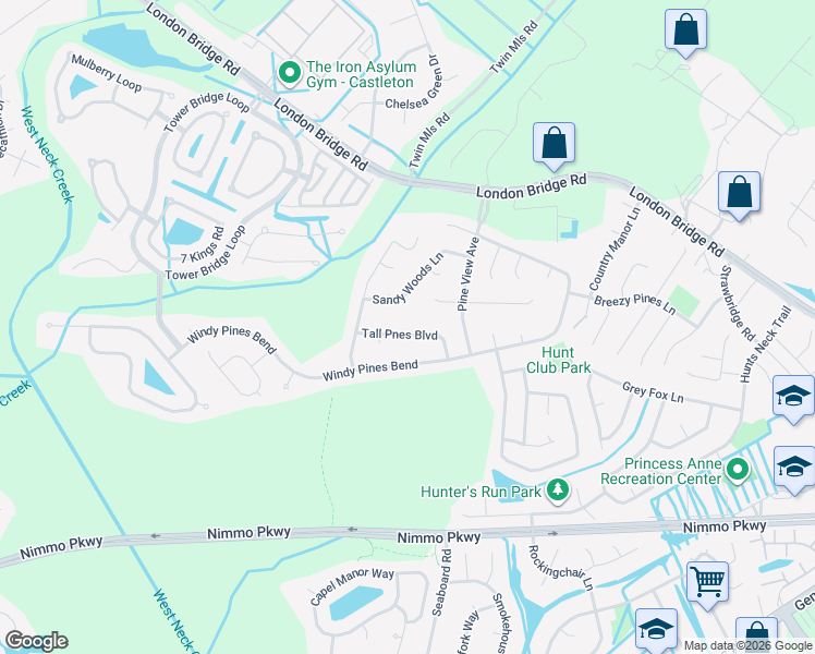 map of restaurants, bars, coffee shops, grocery stores, and more near 2132 Tall Pines Bend in Virginia Beach