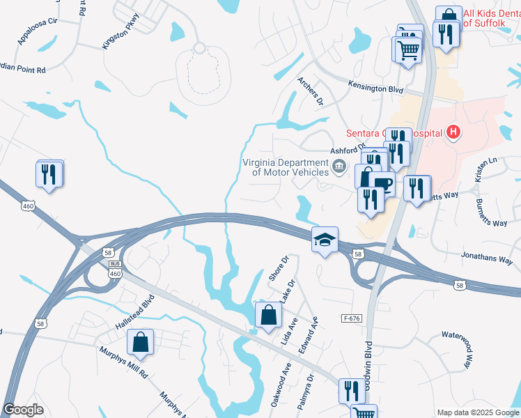 map of restaurants, bars, coffee shops, grocery stores, and more near 135 Berkshire Boulevard in Suffolk