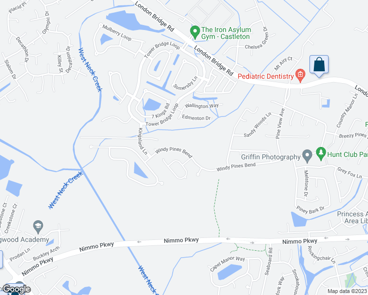 map of restaurants, bars, coffee shops, grocery stores, and more near 2525 Windy Pines Bend in Virginia Beach