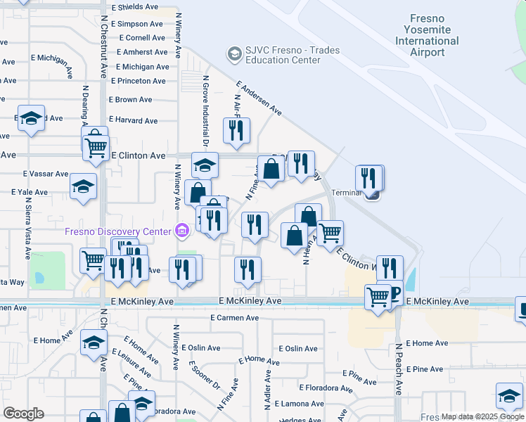 map of restaurants, bars, coffee shops, grocery stores, and more near 2134 North Fine Avenue in Fresno