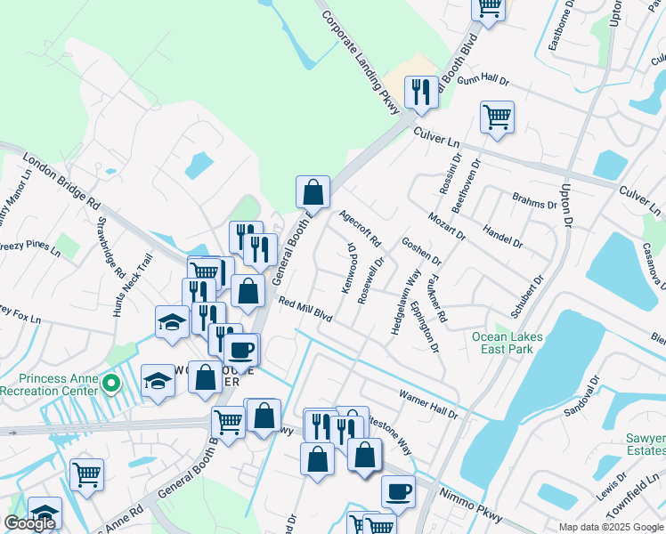 map of restaurants, bars, coffee shops, grocery stores, and more near 1192 Toddsbury Lane in Virginia Beach