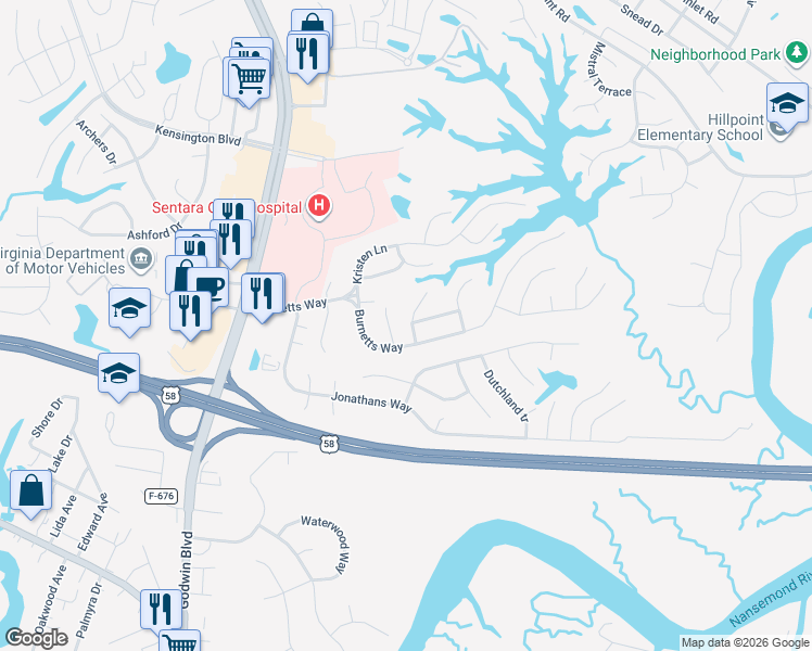 map of restaurants, bars, coffee shops, grocery stores, and more near 105 Poplar Grove Crescent in Suffolk