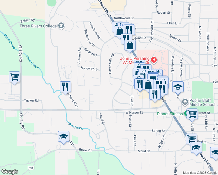 map of restaurants, bars, coffee shops, grocery stores, and more near 2049 King Road in Poplar Bluff