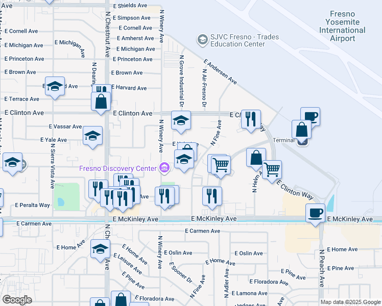 map of restaurants, bars, coffee shops, grocery stores, and more near 4926 East Yale Avenue in Fresno